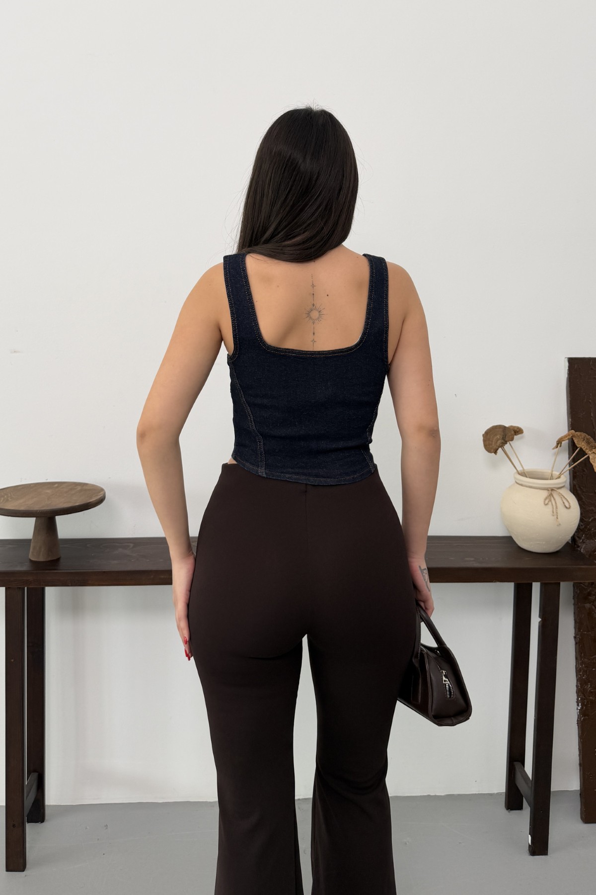 Denim Bustier with Front Zipper Slubbed Navy Blue