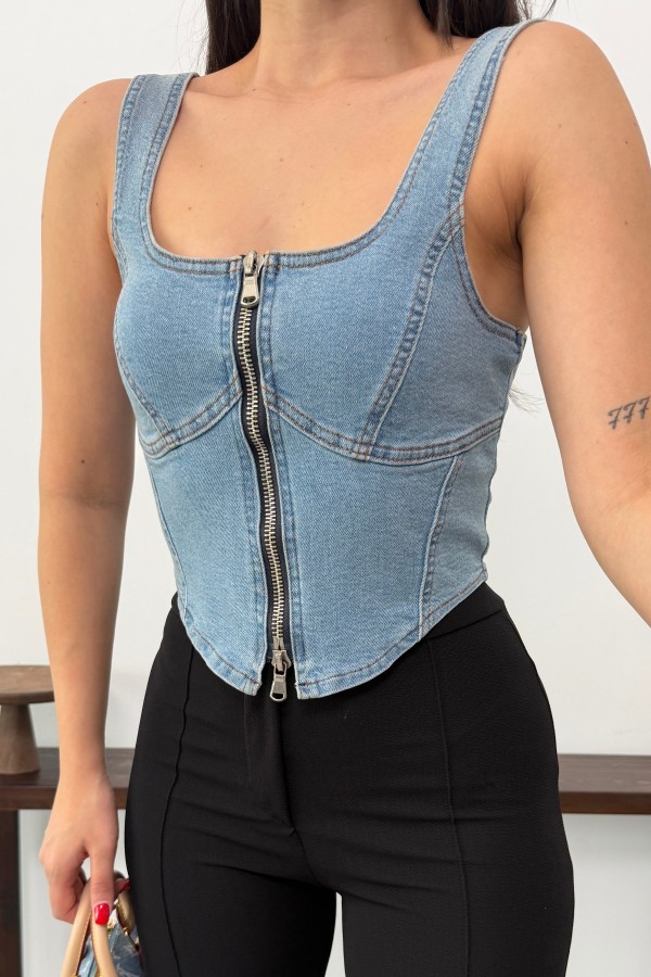 Denim Bustier with Front Zipper Middle Blue