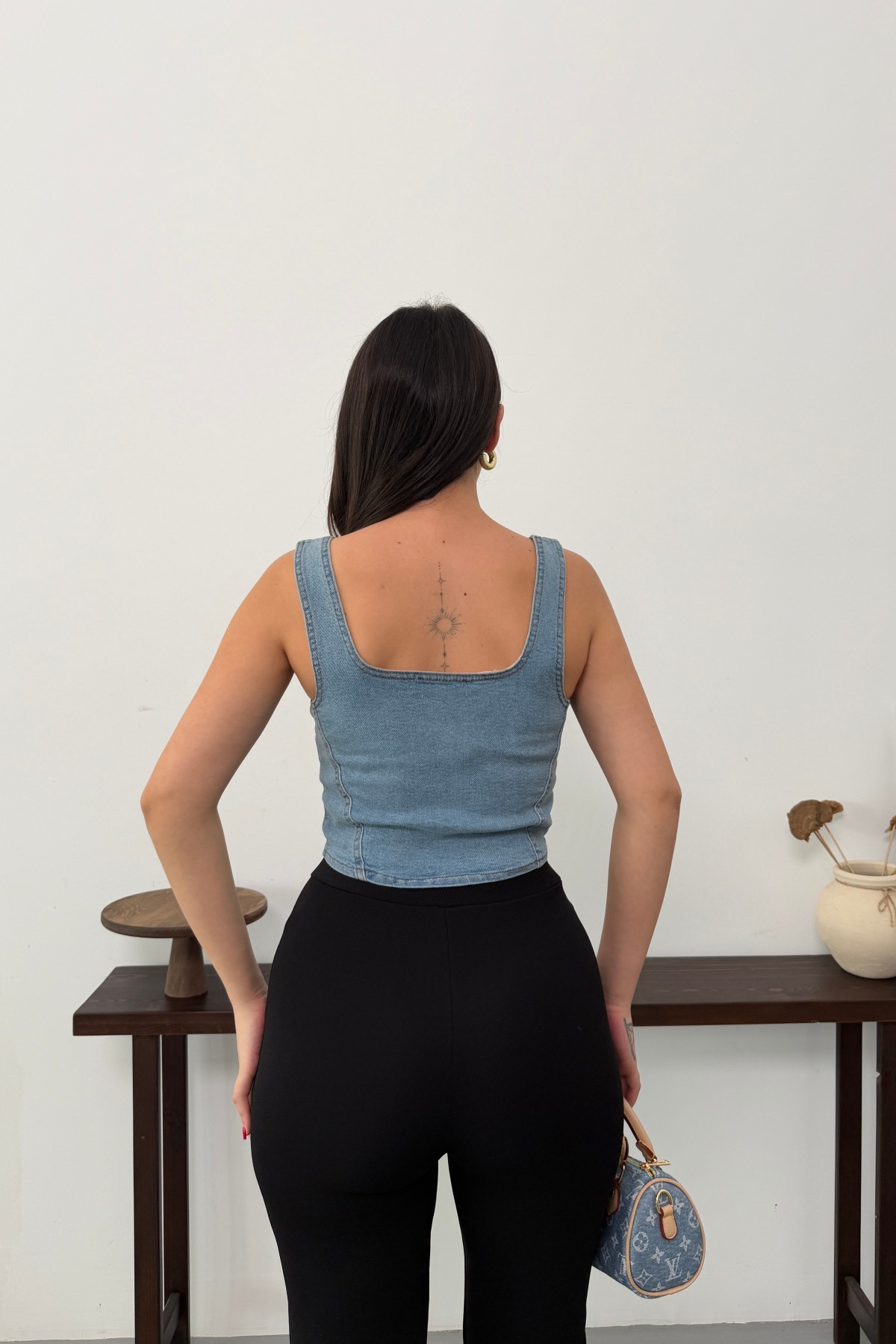Denim Bustier with Front Zipper Middle Blue