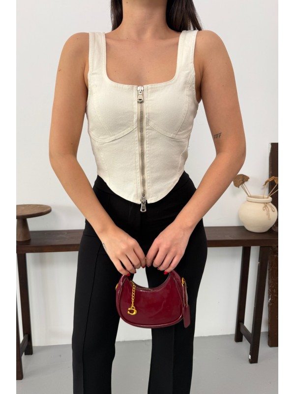 Denim Bustier with Front Zipper Natural
