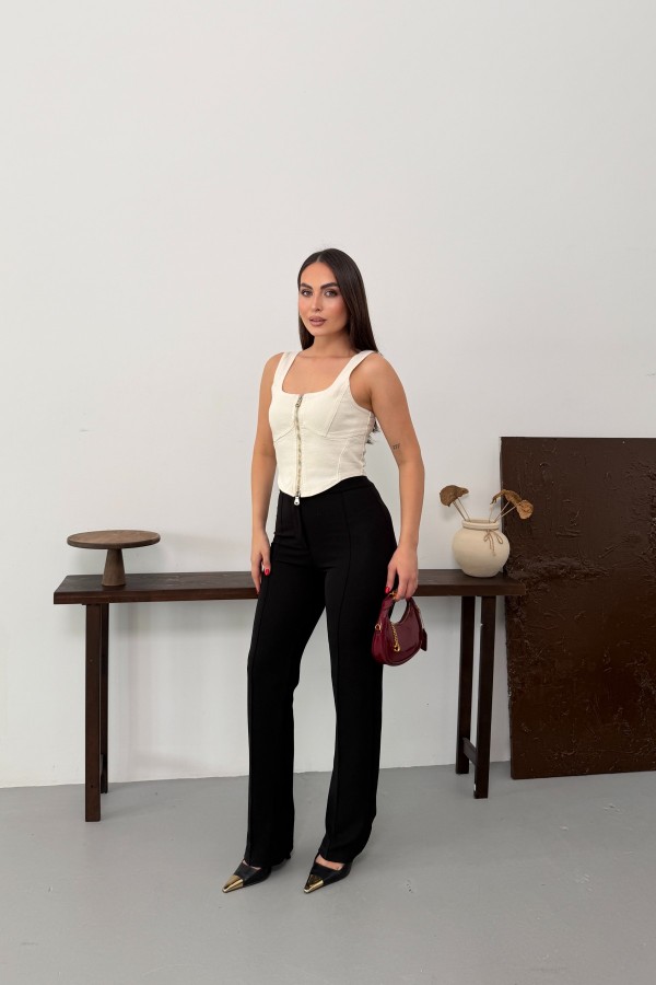Fermuarlı Denim Büstiyer Naturel