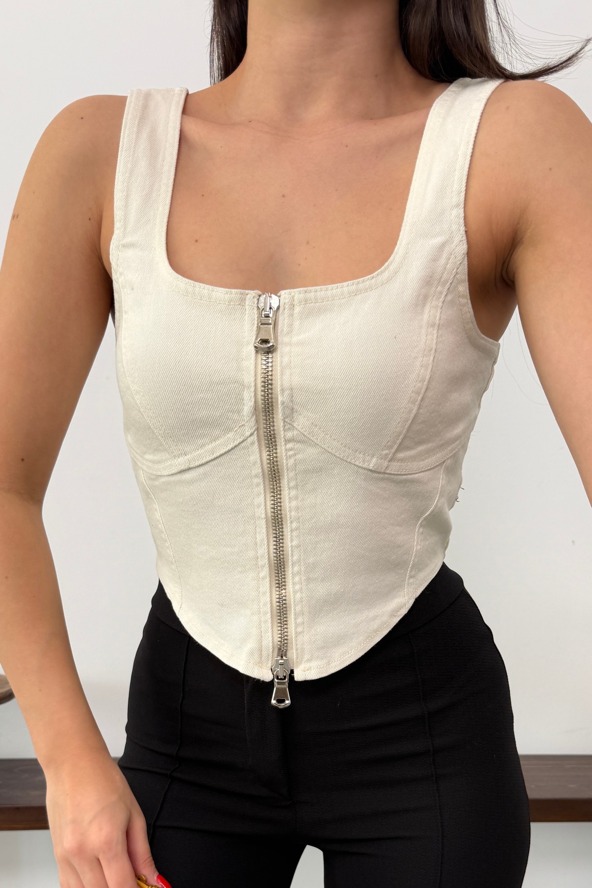 Denim Bustier with Front Zipper Natural