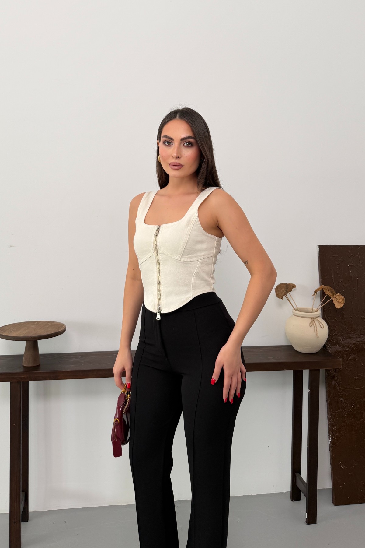 Denim Bustier with Front Zipper Natural