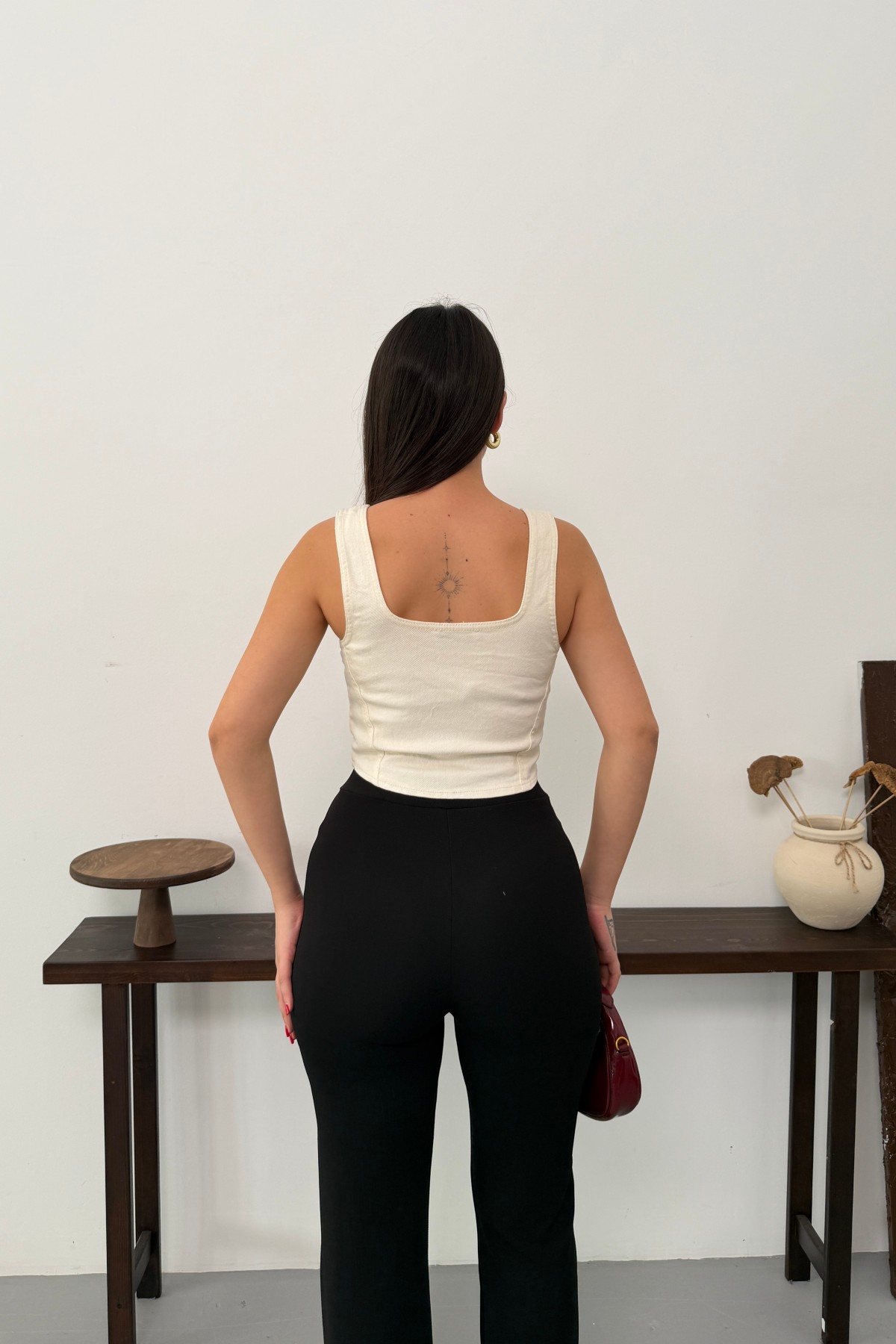 Denim Bustier with Front Zipper Natural