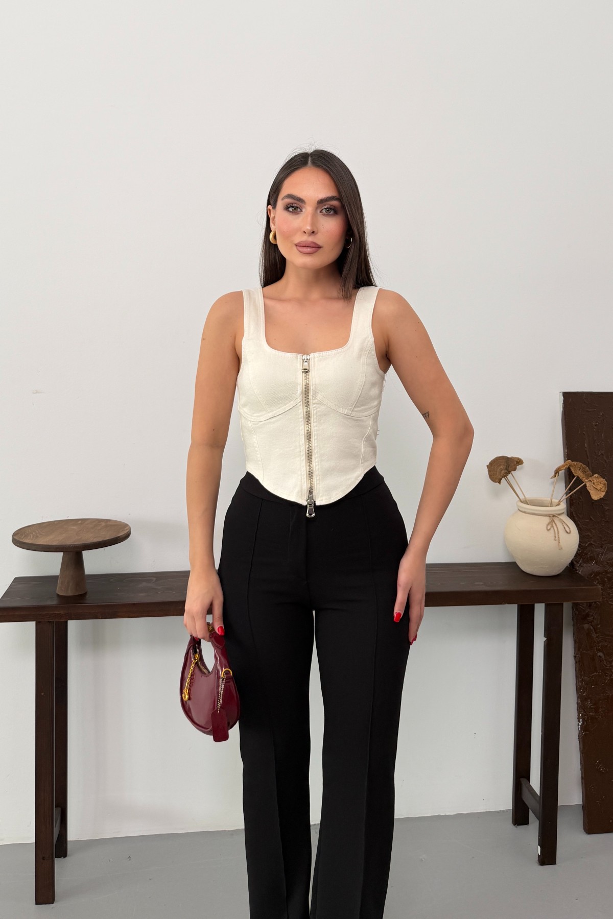 Denim Bustier with Front Zipper Natural