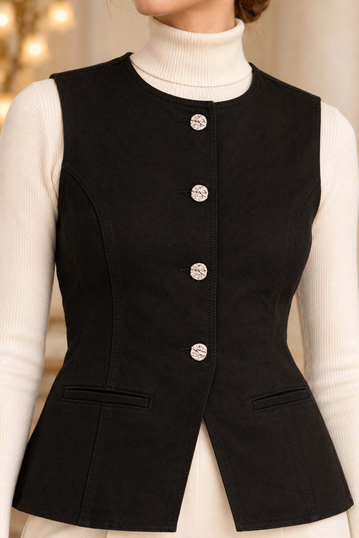 Denim Vest with Slit Front Black