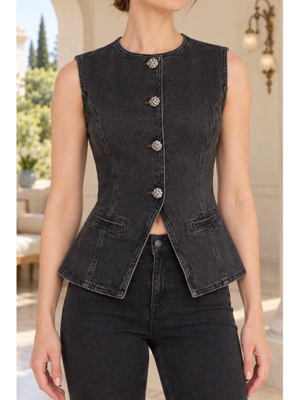 Denim Vest with Slit Front Regular Anthracite