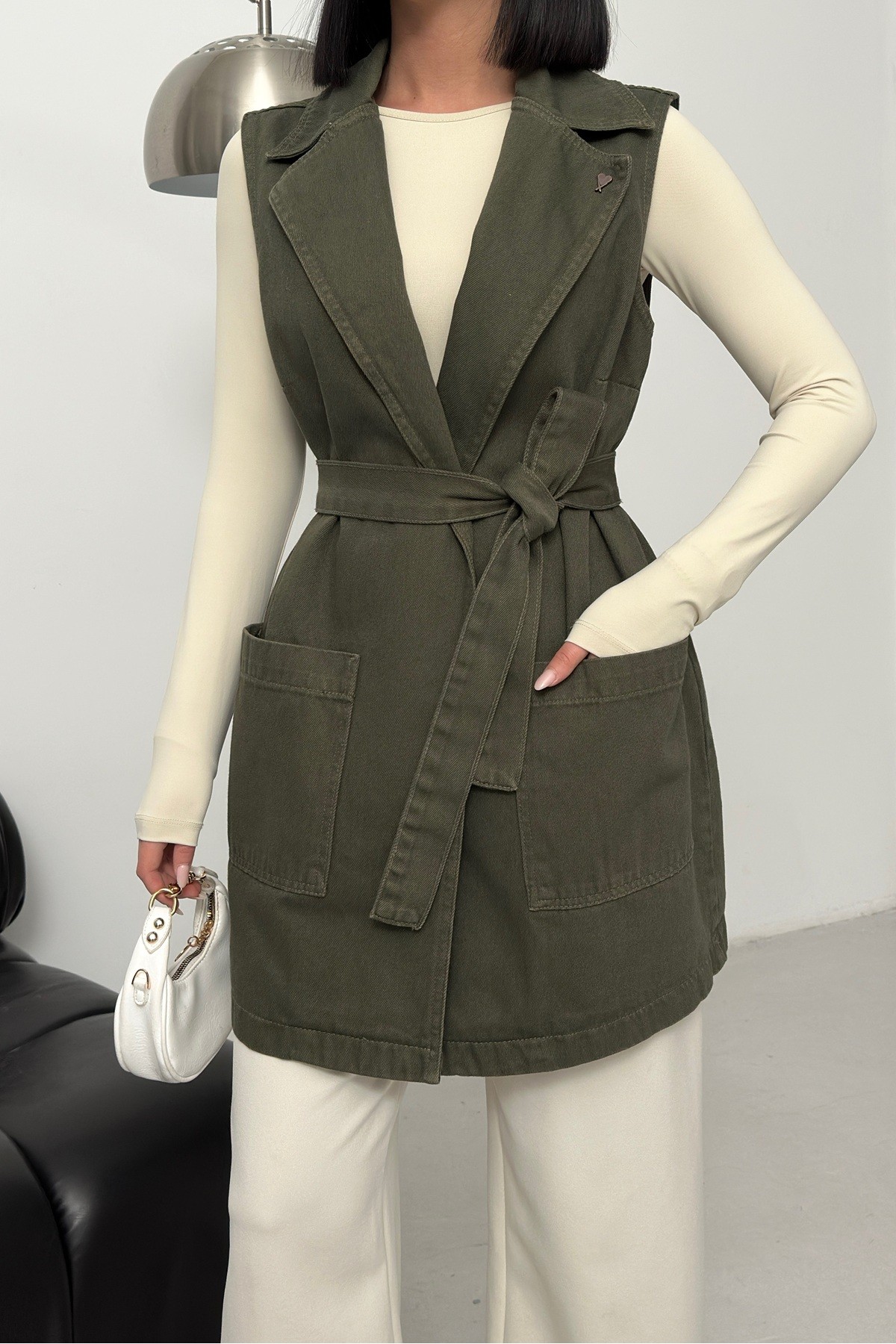 Kuşaklı Kruvaze Yaka Yelek 6137 Haki