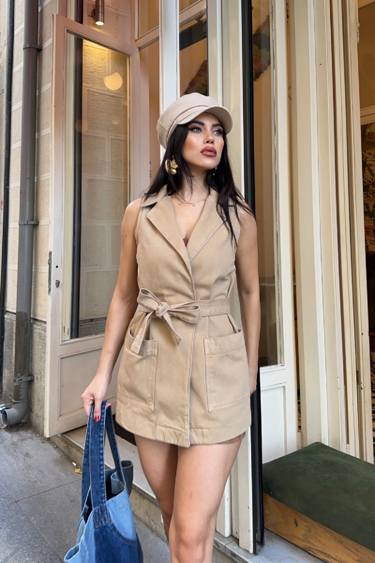 Kuşaklı Kruvaze Yaka Yelek 6137 Camel