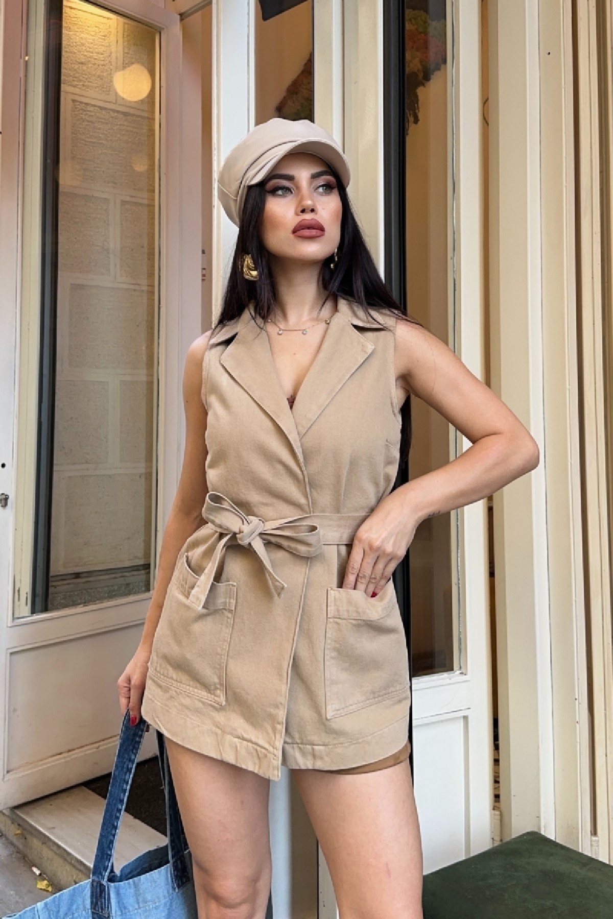 Kuşaklı Kruvaze Yaka Yelek 6137 Camel