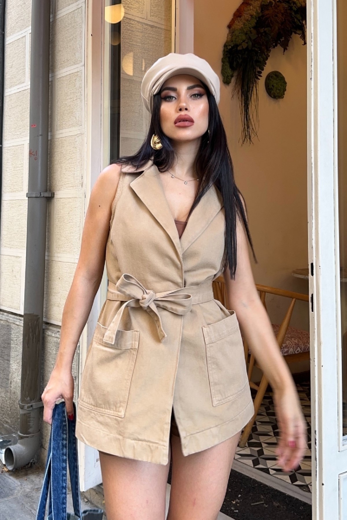 Kuşaklı Kruvaze Yaka Yelek 6137 Camel