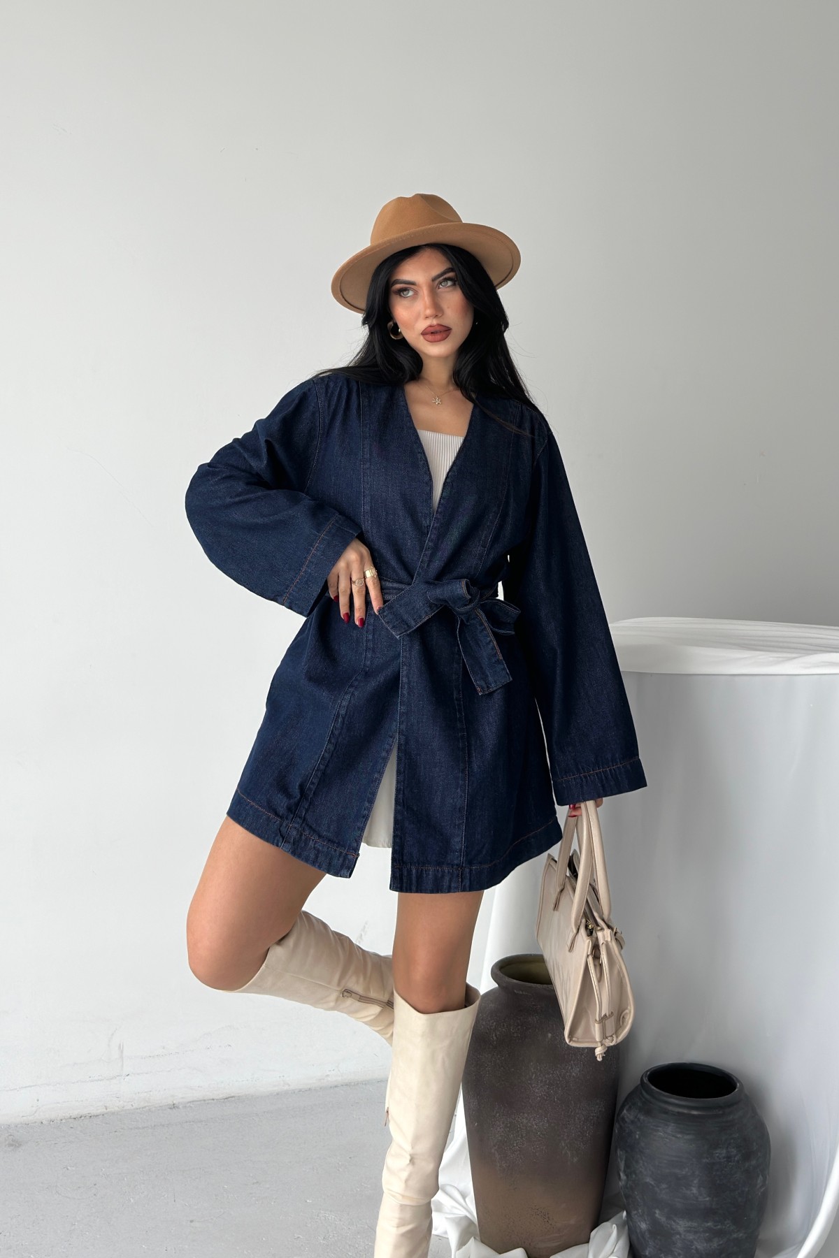 Kuşak Bağlamalı Oversize Ceket 6246 Slaplı Lacivert