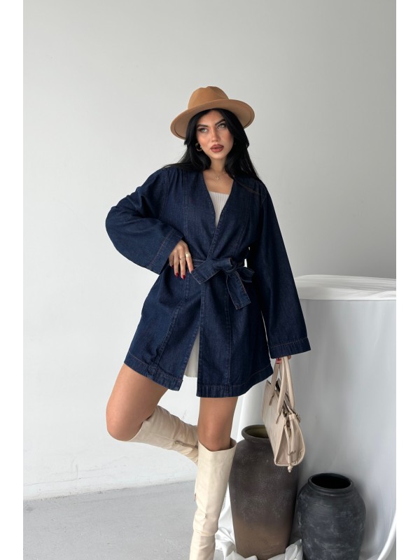Kuşak Bağlamalı Oversize Ceket 6246 Slaplı Lacivert