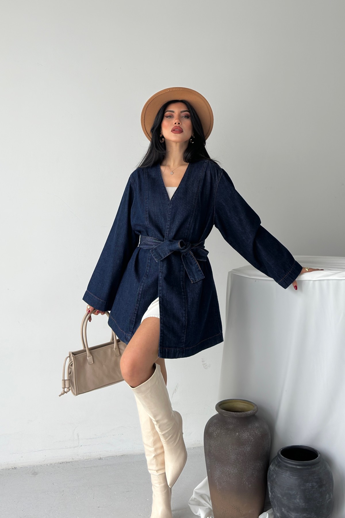 Kuşak Bağlamalı Oversize Ceket 6246 Slaplı Lacivert