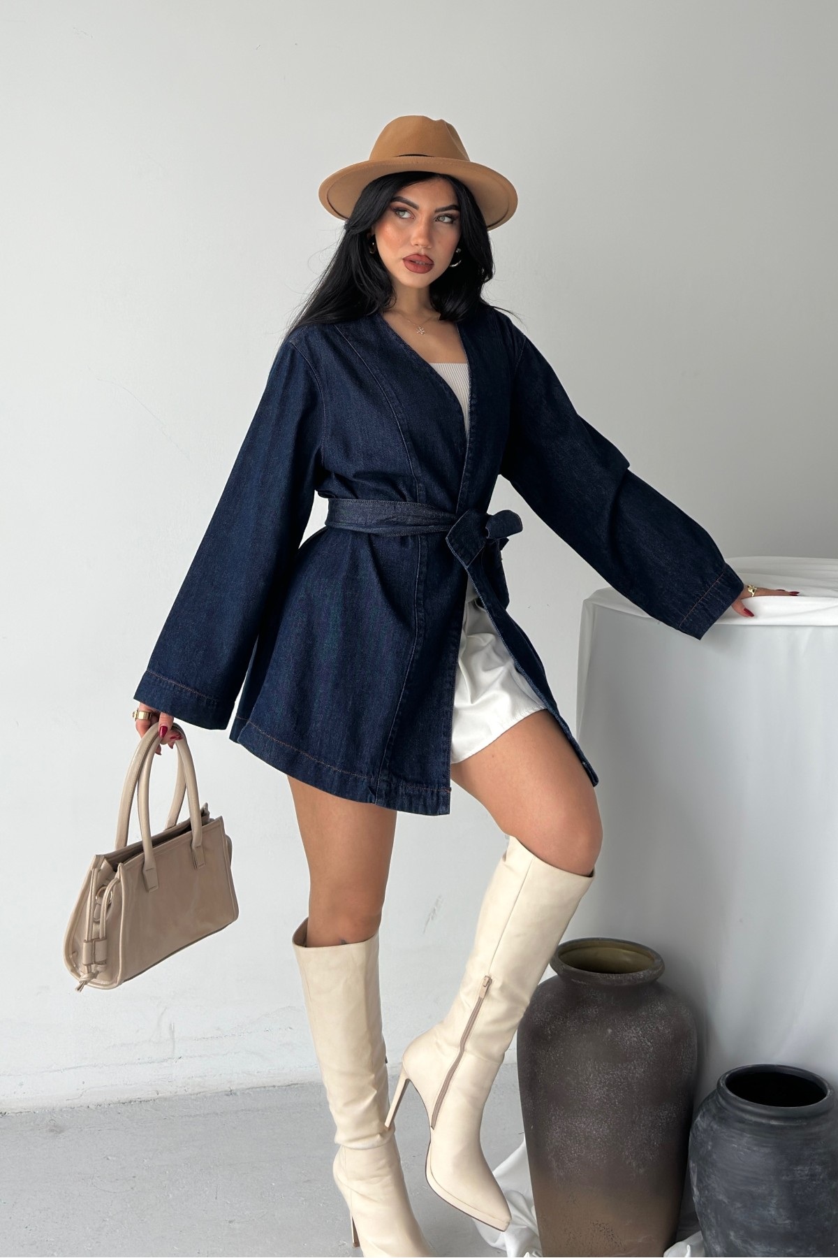 Kuşak Bağlamalı Oversize Ceket 6246 Slaplı Lacivert