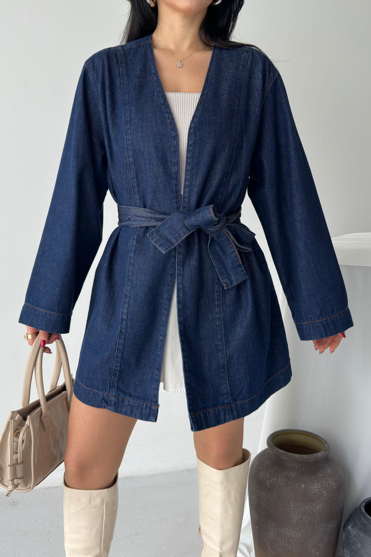 Kuşak Bağlamalı Oversize Ceket 6246 Slaplı Lacivert