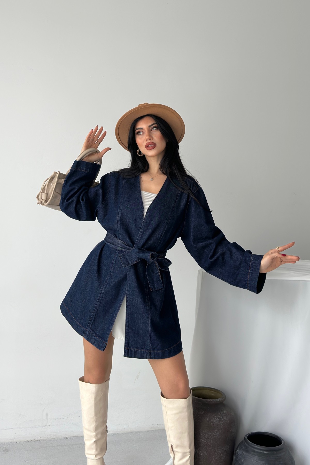 Kuşak Bağlamalı Oversize Ceket 6246 Slaplı Lacivert