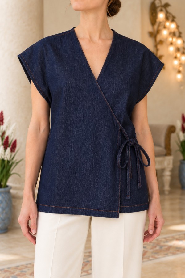 Lace-up Vest 6247 Slubbed Navy Blue