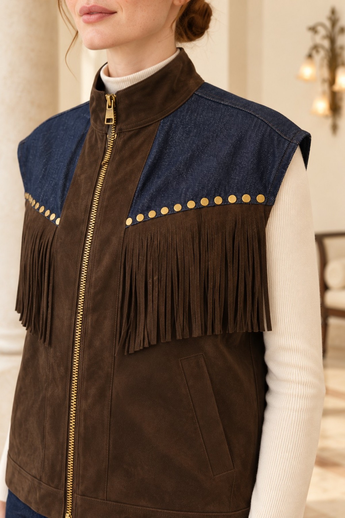 Leather Vest with Tassel Trim 6353 Brown