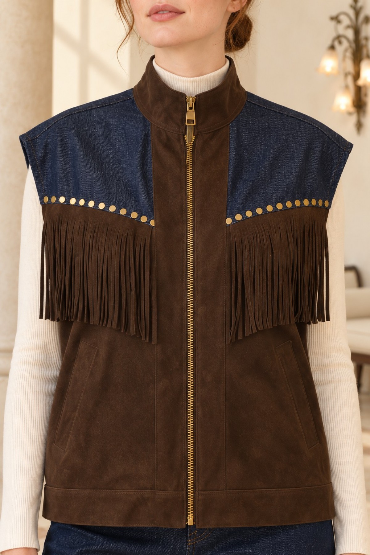 Leather Vest with Tassel Trim 6353 Brown