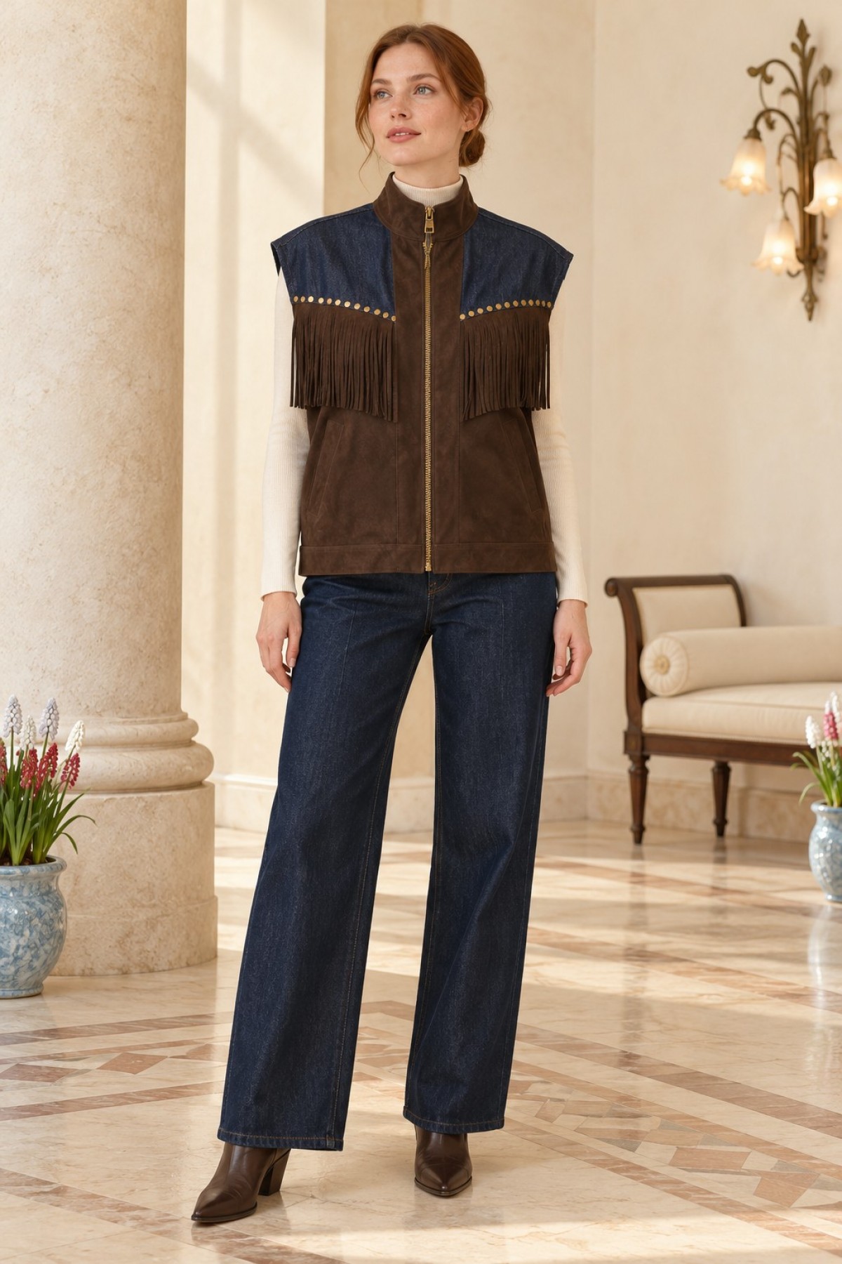 Leather Vest with Tassel Trim 6353 Brown