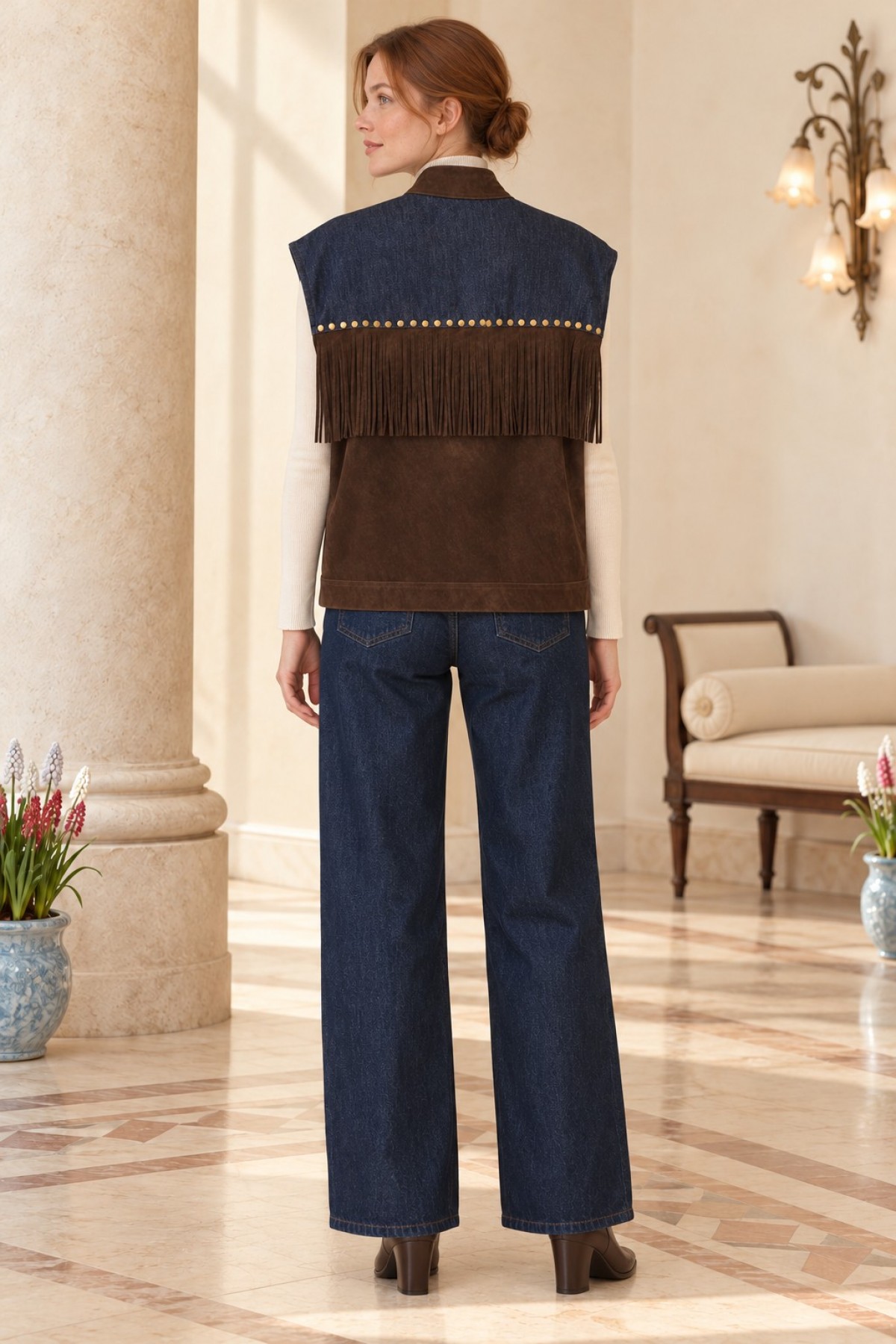 Leather Vest with Tassel Trim 6353 Brown