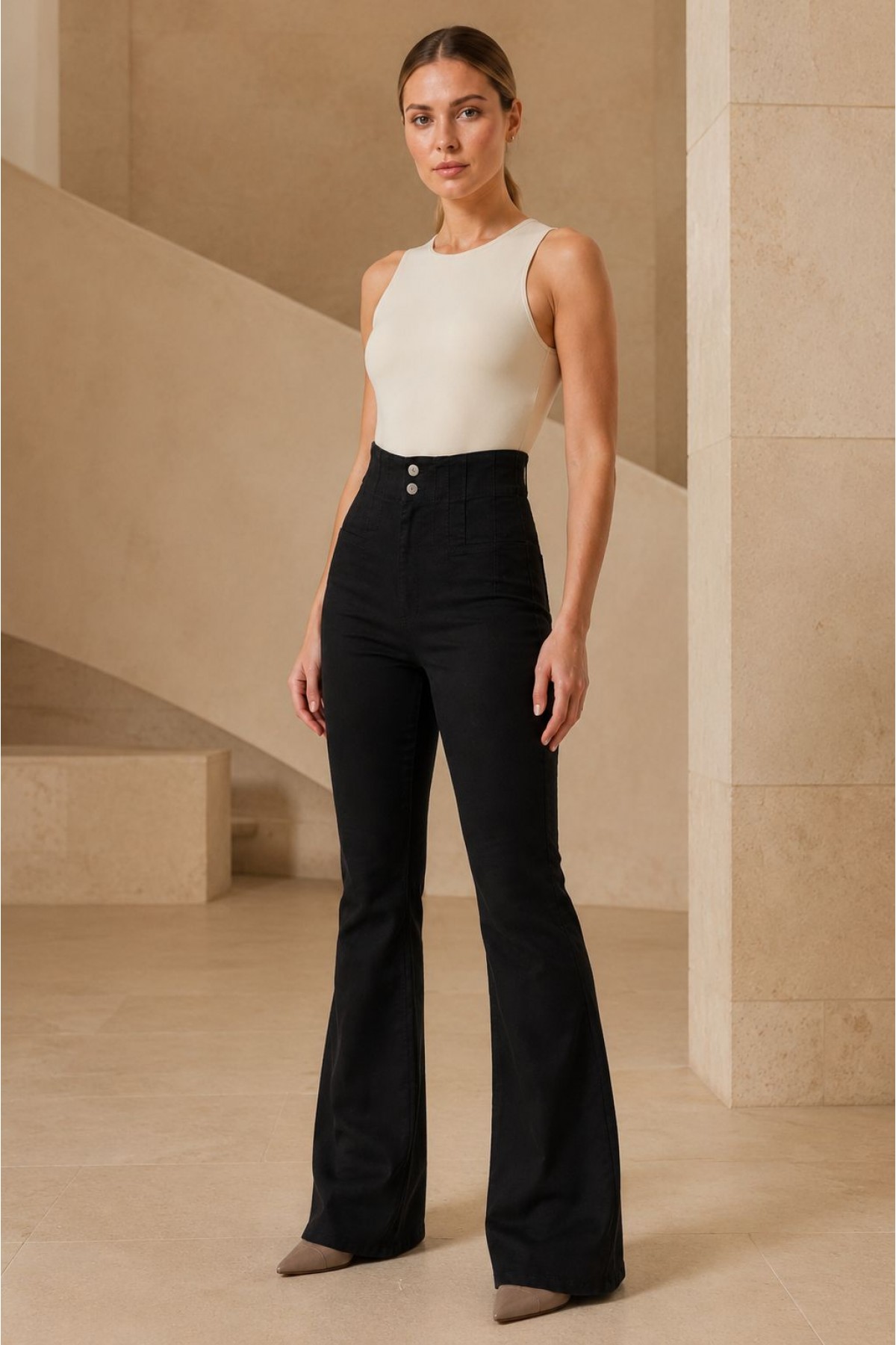 Flared Jeans with Darts on Front Waist 7021 Denim Black