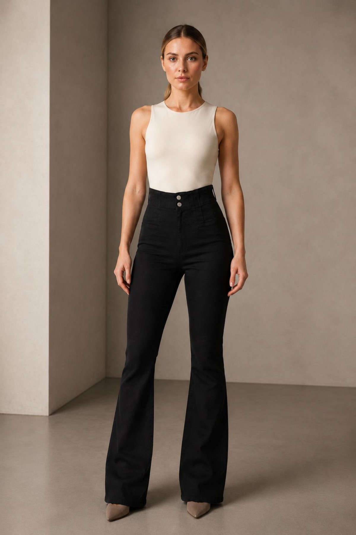 Flared Jeans with Darts on Front Waist 7021 Denim Black