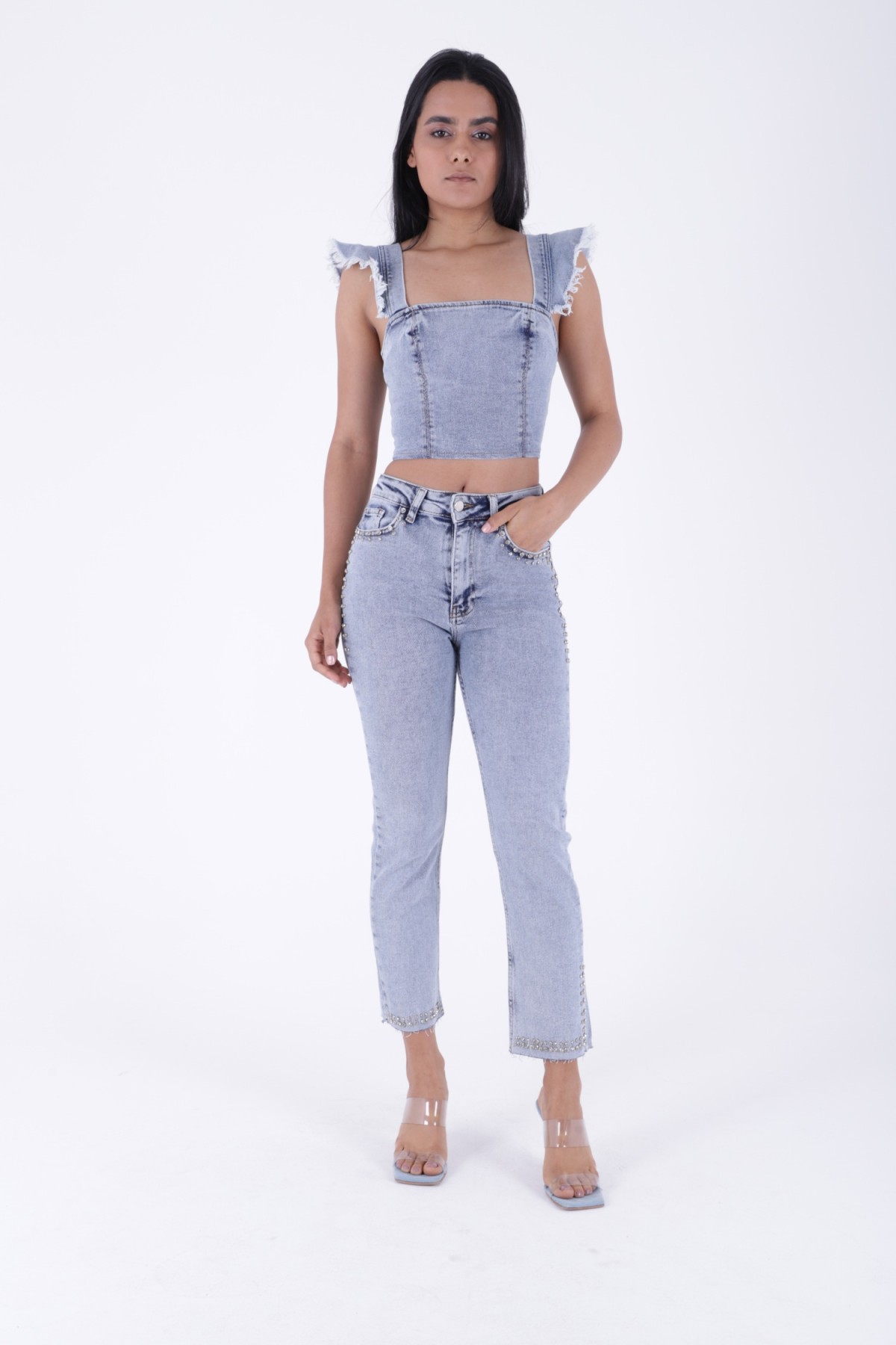 Taşlı Mom Fit Kot Pantolon 7023 Kar Yıkama Açık Mavi