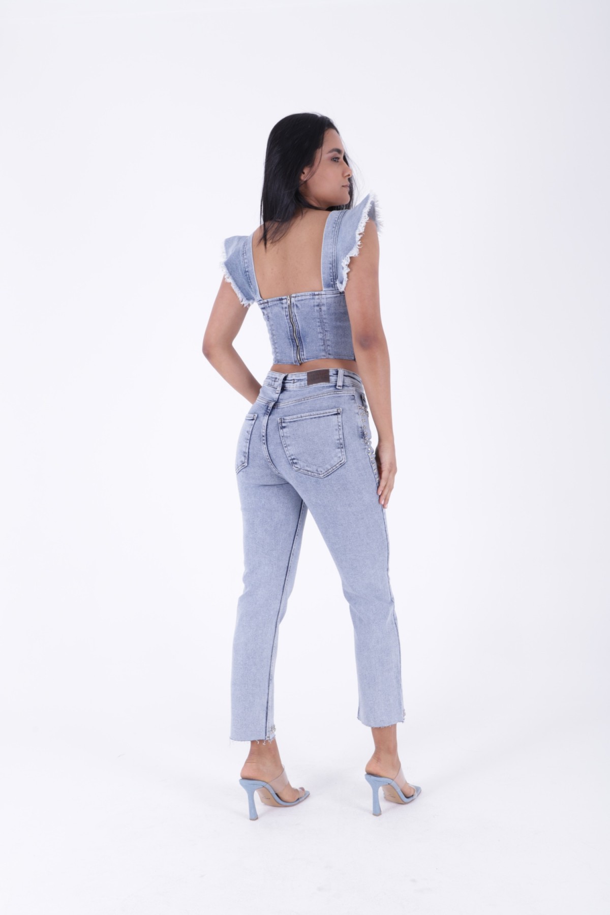 Taşlı Mom Fit Kot Pantolon 7023 Kar Yıkama Açık Mavi