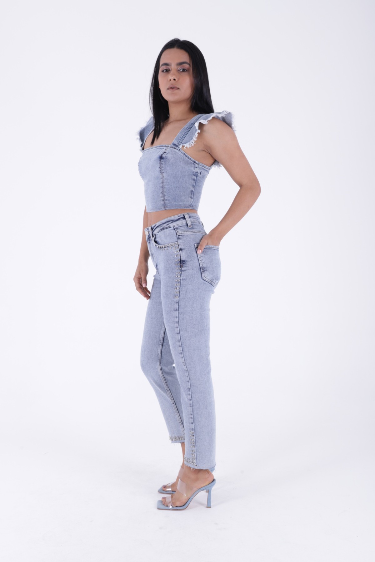Taşlı Mom Fit Kot Pantolon 7023 Kar Yıkama Açık Mavi