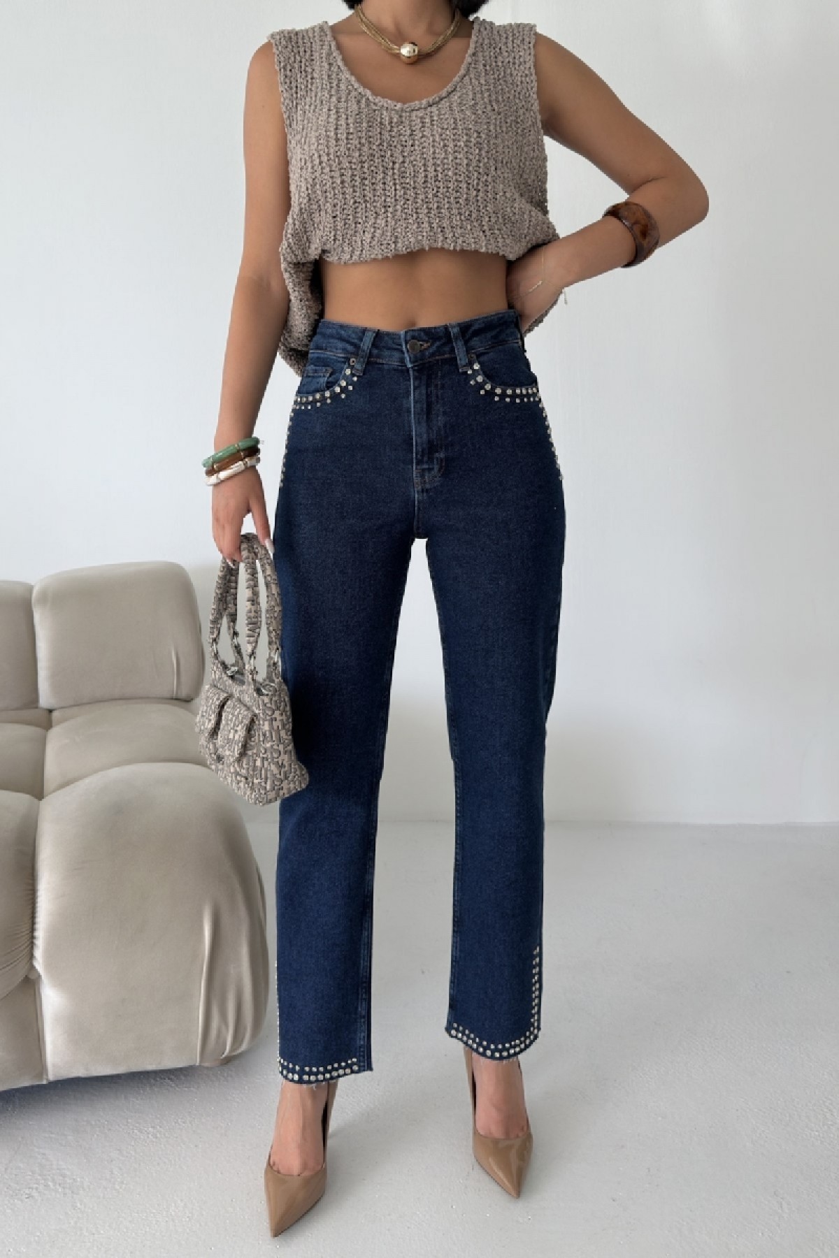 Taşlı Mom Fit Kot Pantolon 7023 Düz Koyu Rins