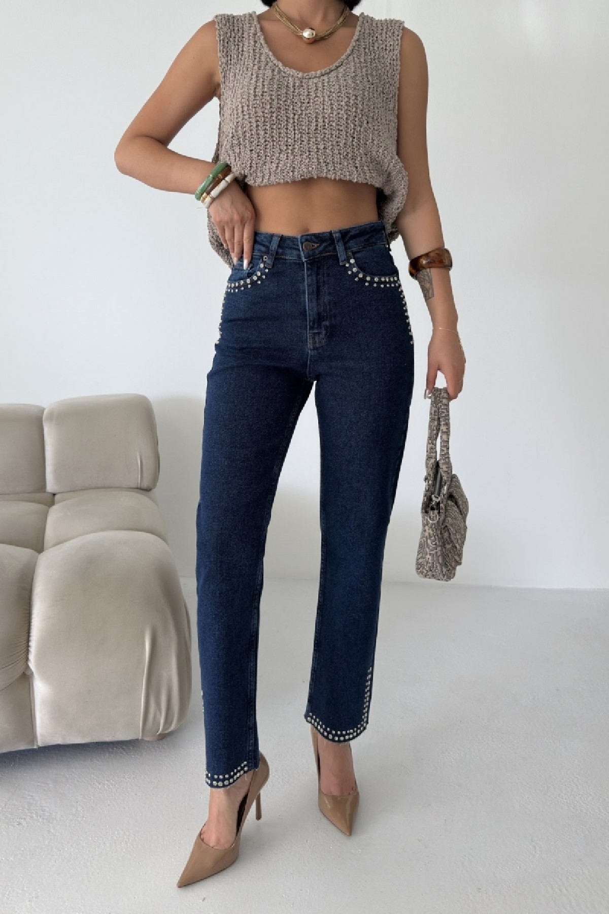 Taşlı Mom Fit Kot Pantolon 7023 Düz Koyu Rins