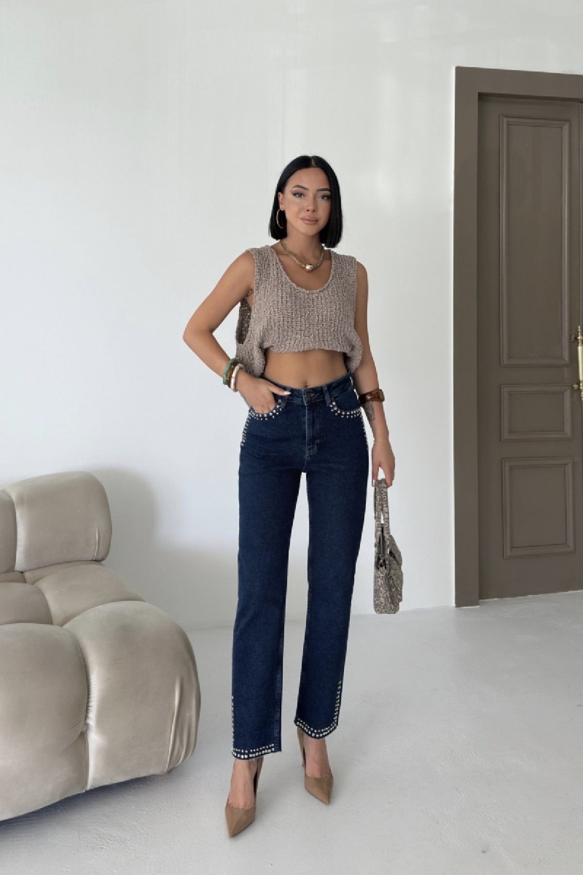 Taşlı Mom Fit Kot Pantolon 7023 Düz Koyu Rins