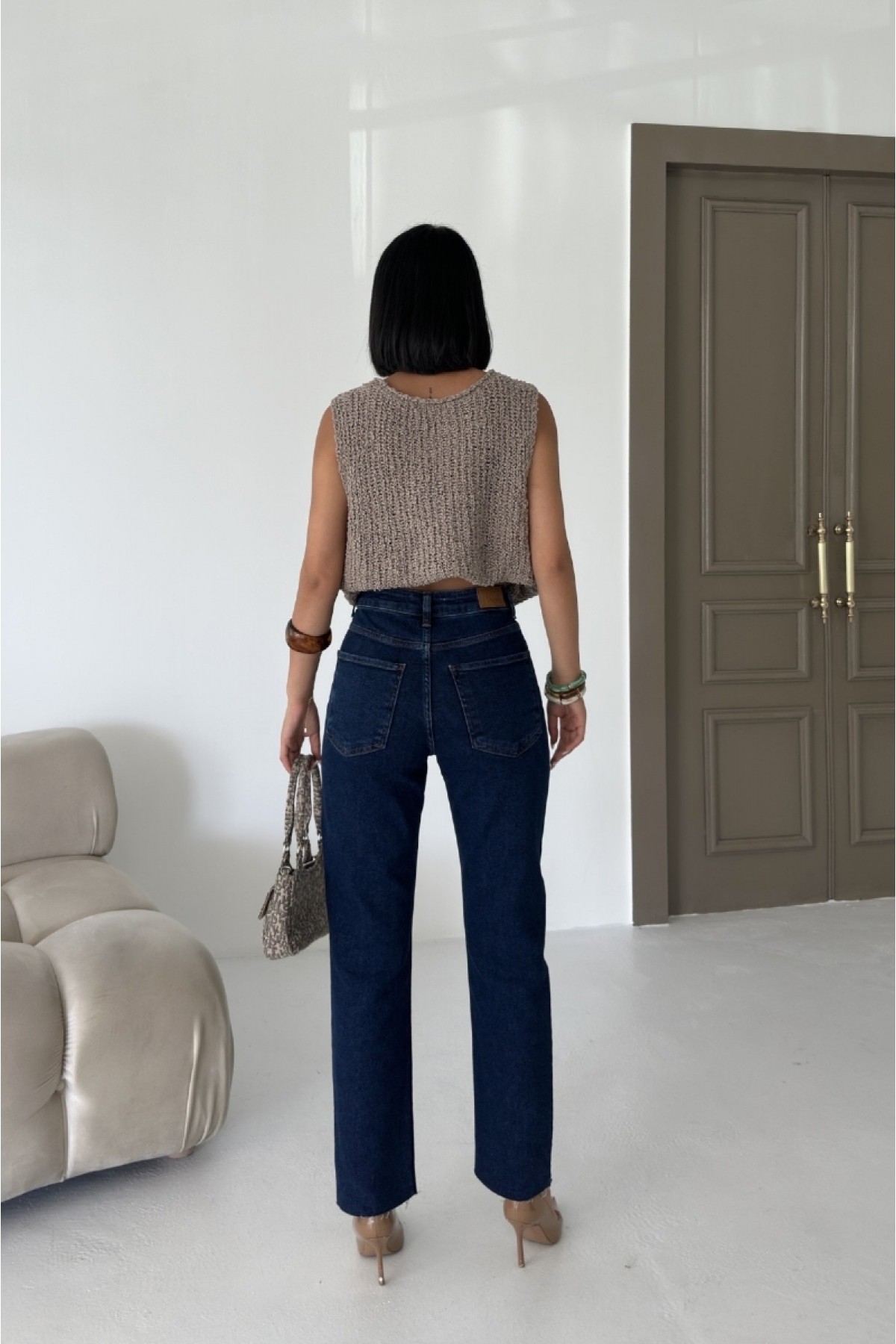 Taşlı Mom Fit Kot Pantolon 7023 Düz Koyu Rins