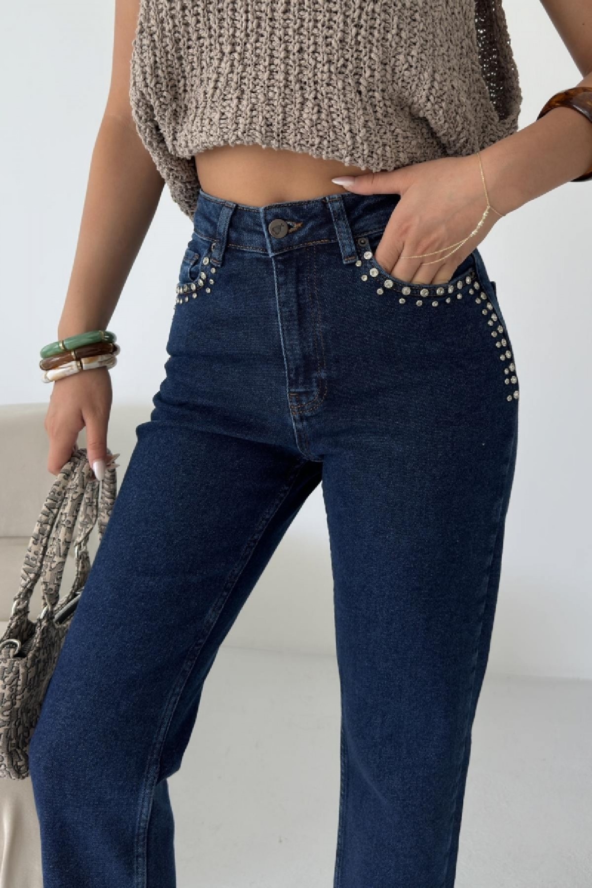 Taşlı Mom Fit Kot Pantolon 7023 Düz Koyu Rins