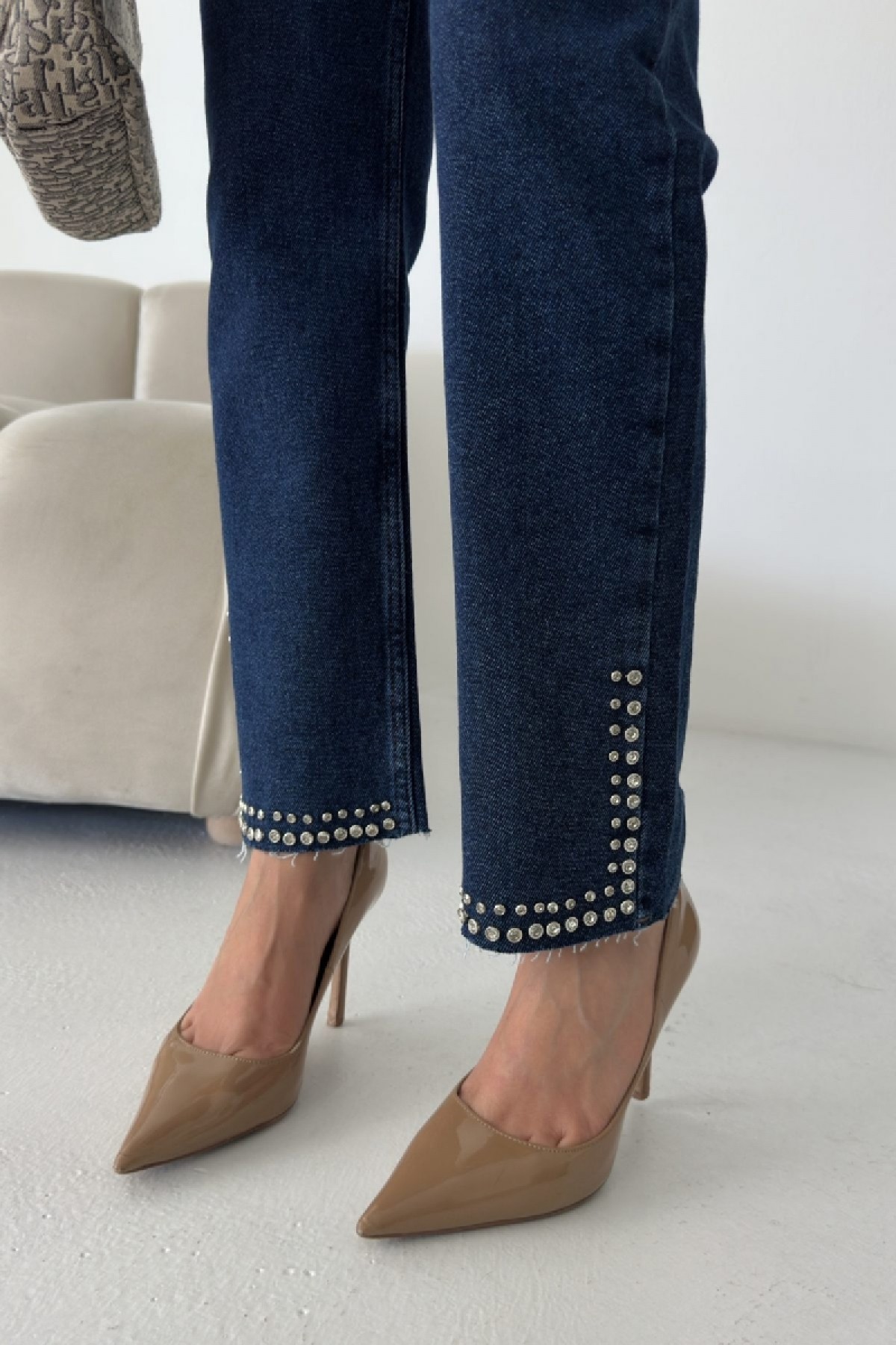 Taşlı Mom Fit Kot Pantolon 7023 Düz Koyu Rins