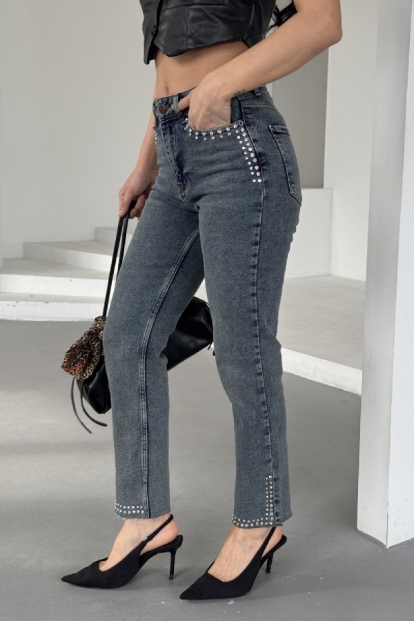Taşlı Mom Fit Kot Pantolon 7023 Koyu Mavi Kar Yıkama Tintli