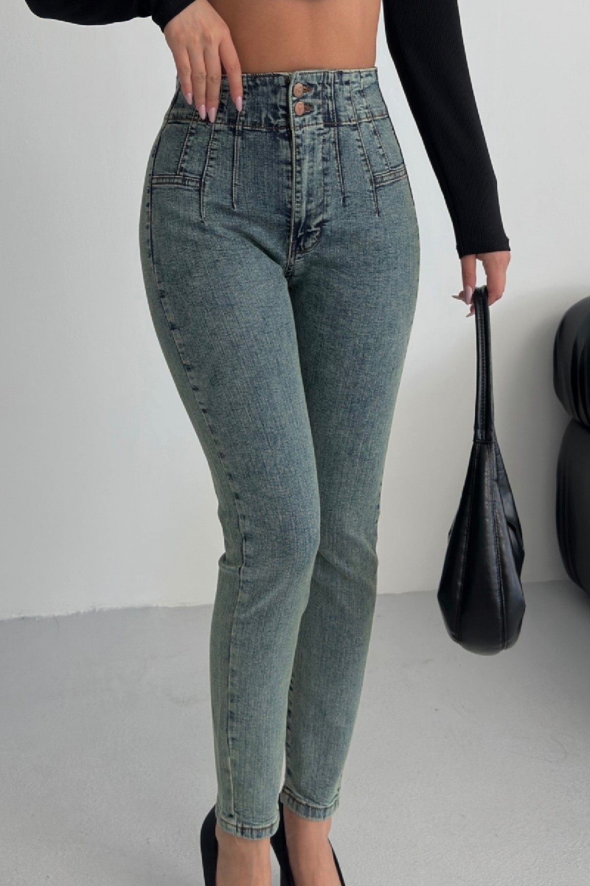 Pensli Skinny Kot Pantolon 7053 Orta Mavi ve Tintli