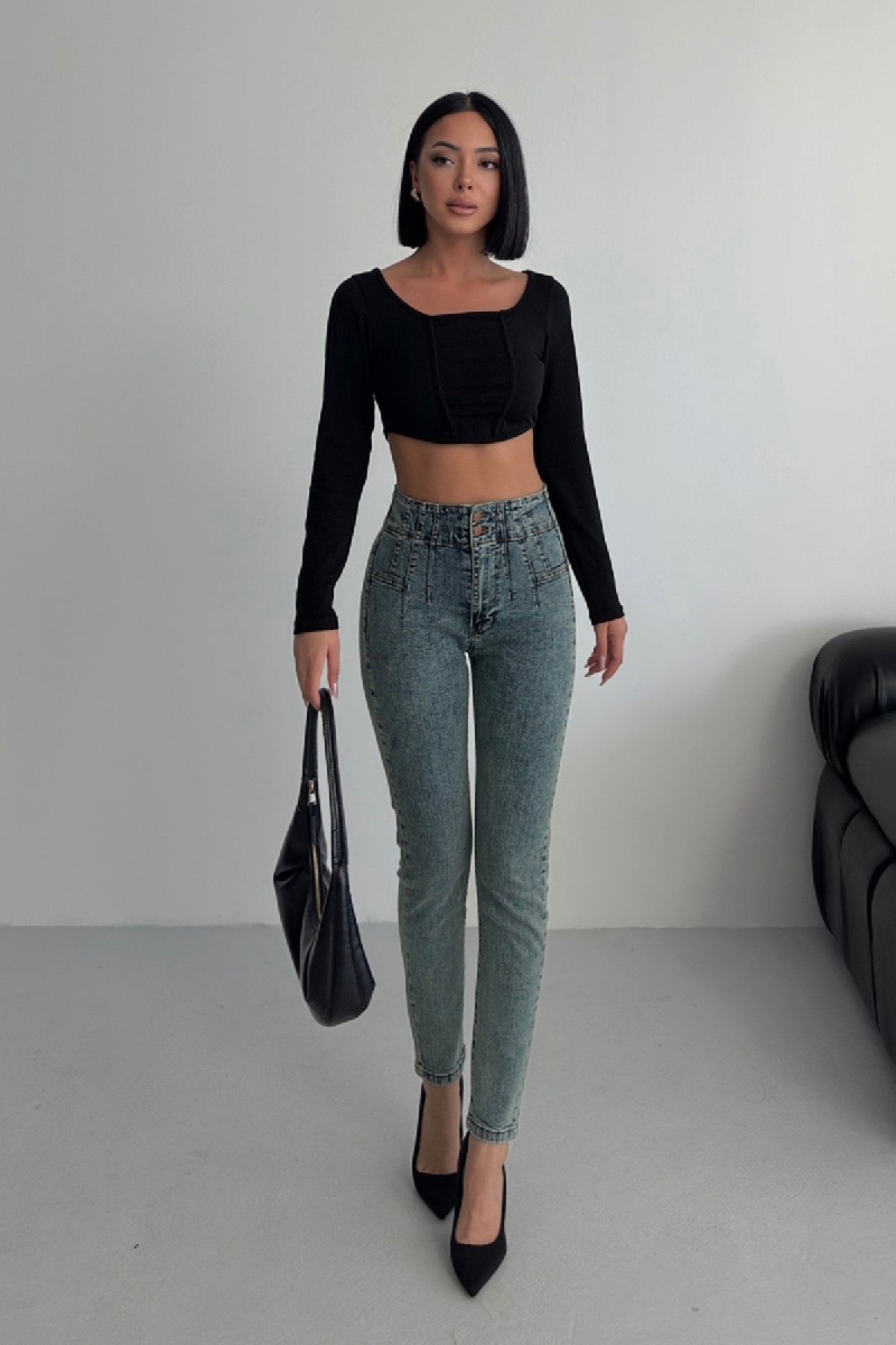 Pensli Skinny Kot Pantolon 7053 Orta Mavi ve Tintli