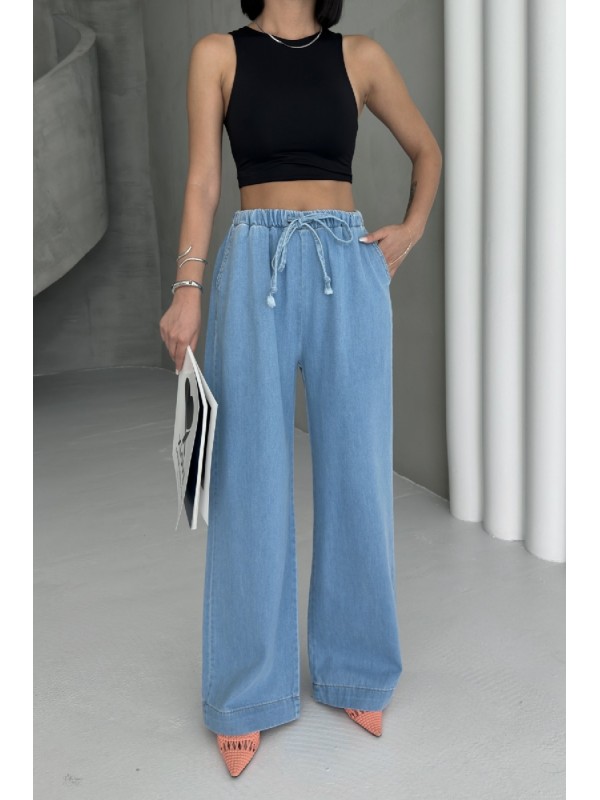 Elastic Waist Palazzo Jean Mixed Middle Blue