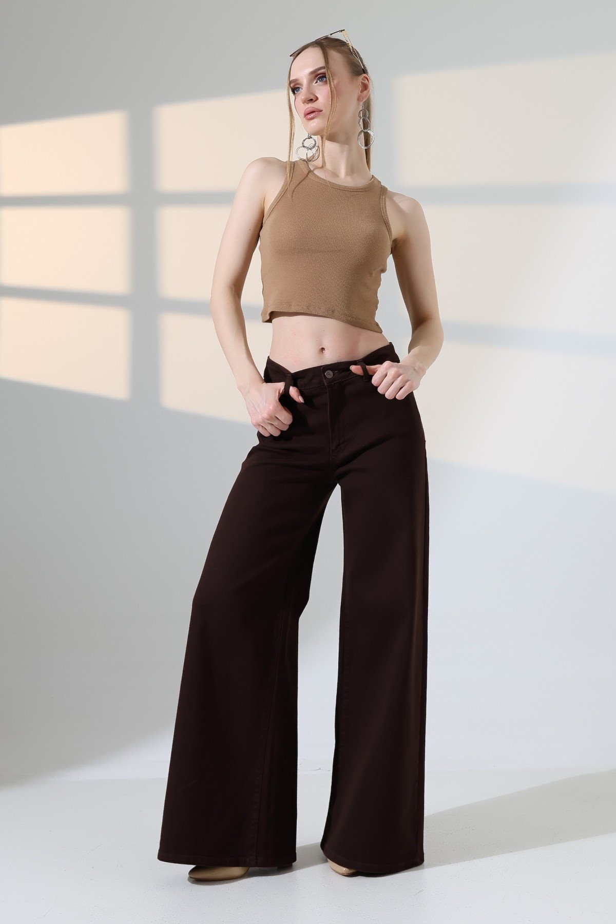 Geniş Paça Kot Pantolon 7082 Kahverengi