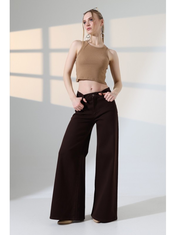 Geniş Paça Kot Pantolon 7082 Kahverengi