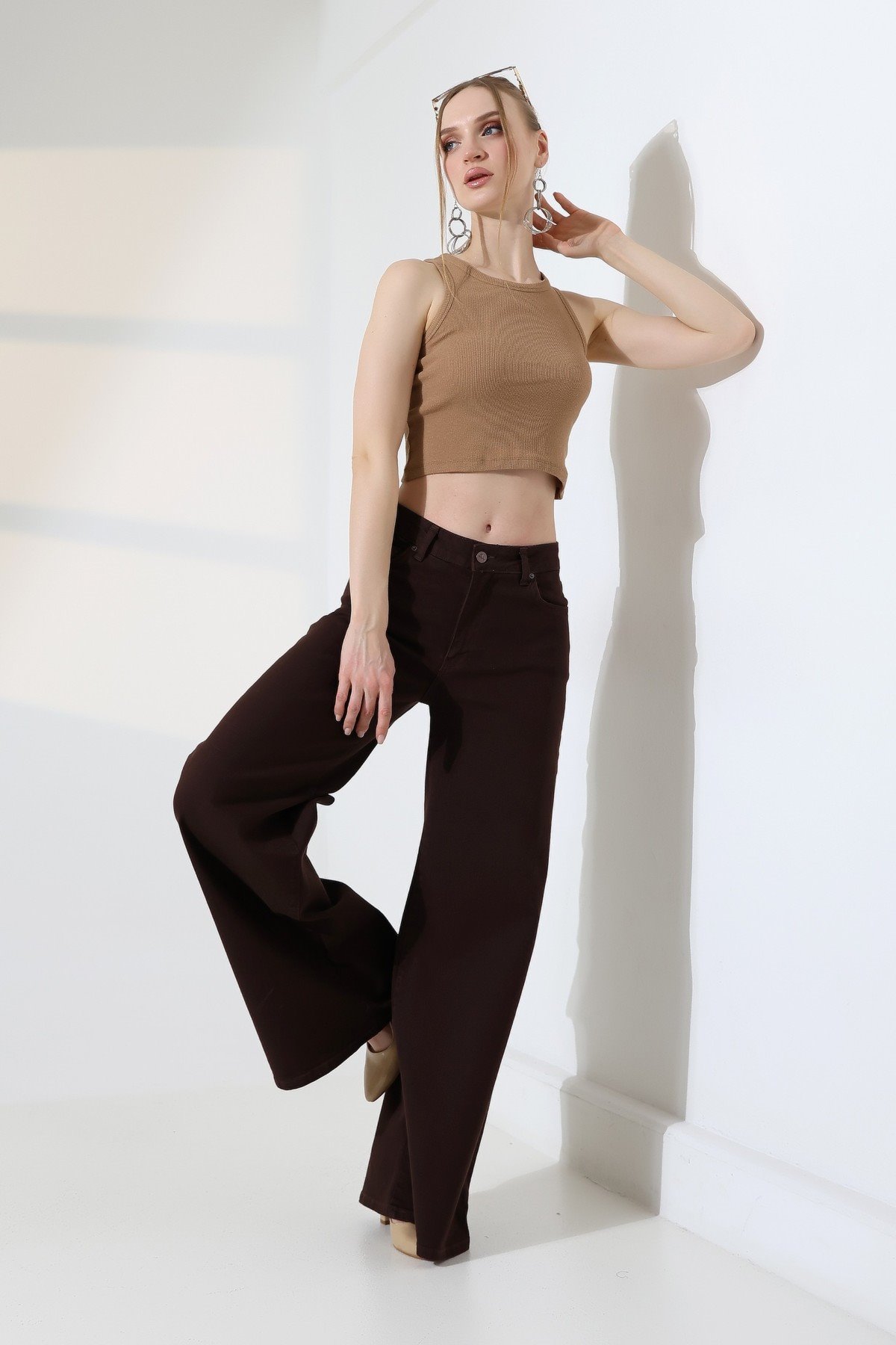 Geniş Paça Kot Pantolon 7082 Kahverengi