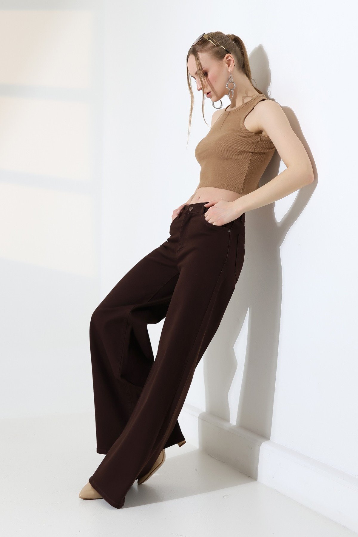 Geniş Paça Kot Pantolon 7082 Kahverengi