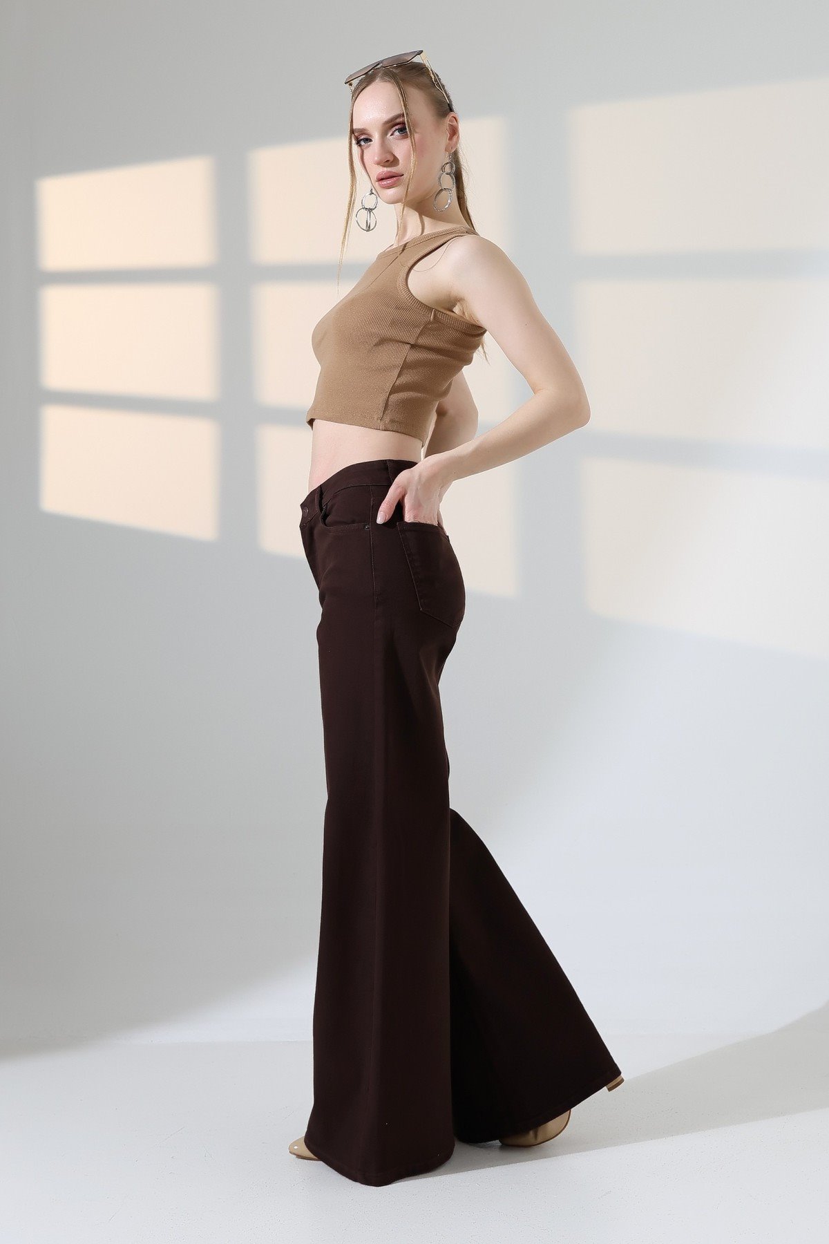 Geniş Paça Kot Pantolon 7082 Kahverengi