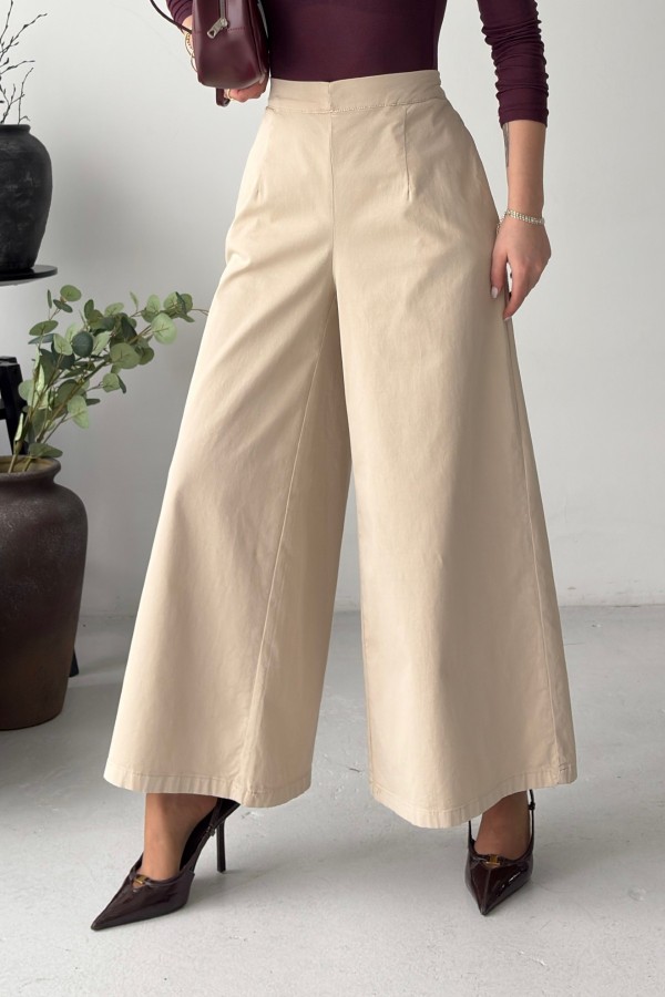 Arkası Lastikli Bol Paça Kot Pantolon 7120 Taş
