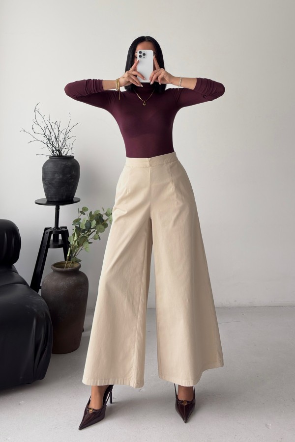 Arkası Lastikli Bol Paça Kot Pantolon 7120 Taş