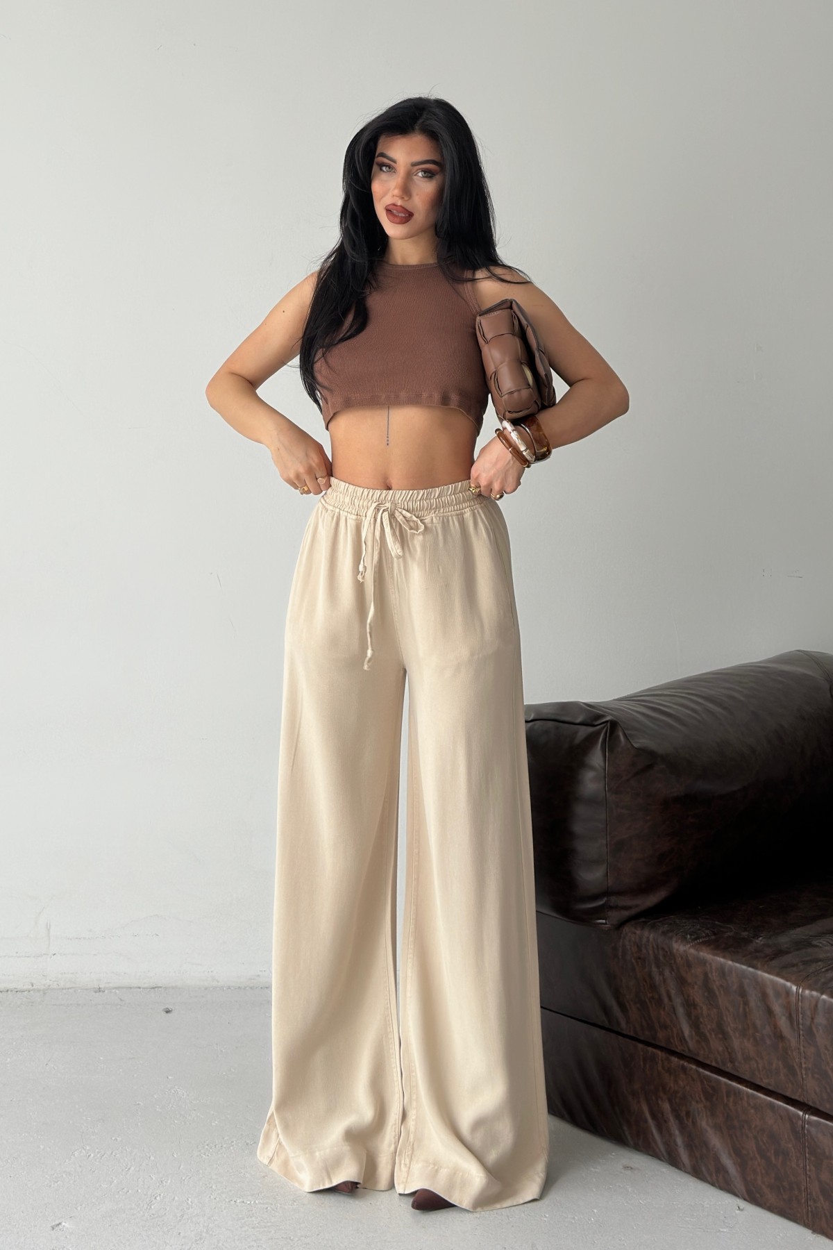 Elasticated Palazzo Trousers Stone