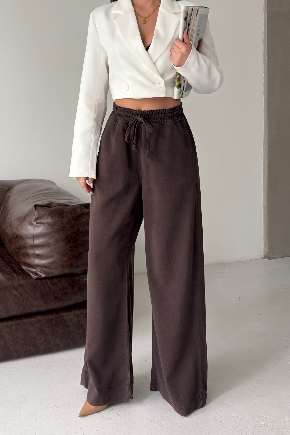 Lastikli Palazzo Pantolon 7150 Kahverengi